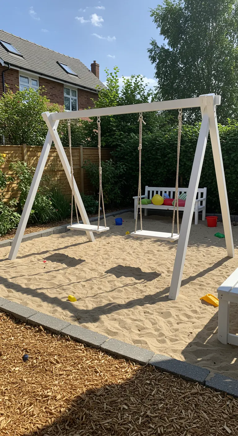 Wit houten A-frame schommelset met zandbak, twee schommels en een schommelbank in een tuin.