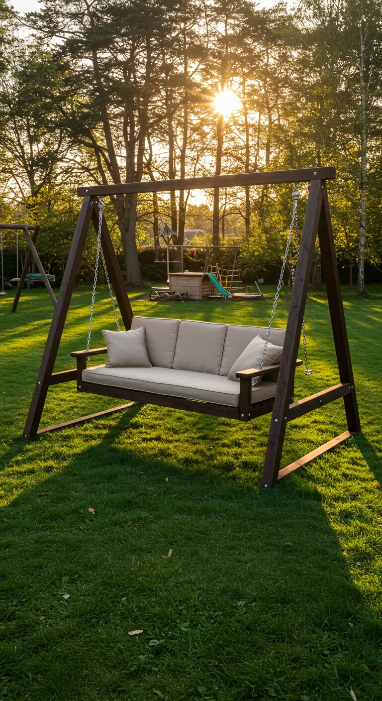 Houten schommelbank met beige kussens aan een A-frame standaard in de tuin.