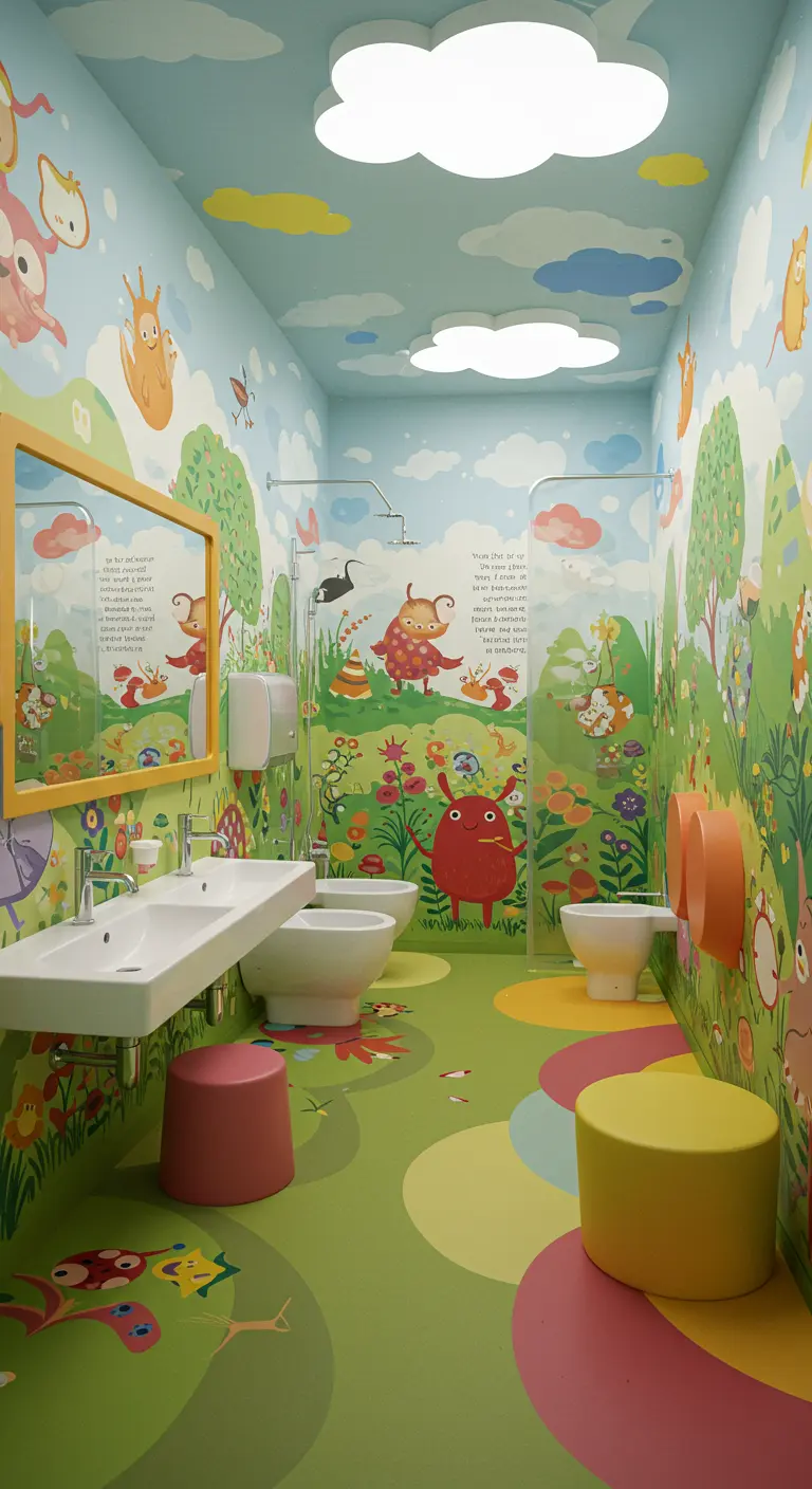 Vrolijk beschilderde kinderbadkamer met cartoonfiguren op muren en vloer.