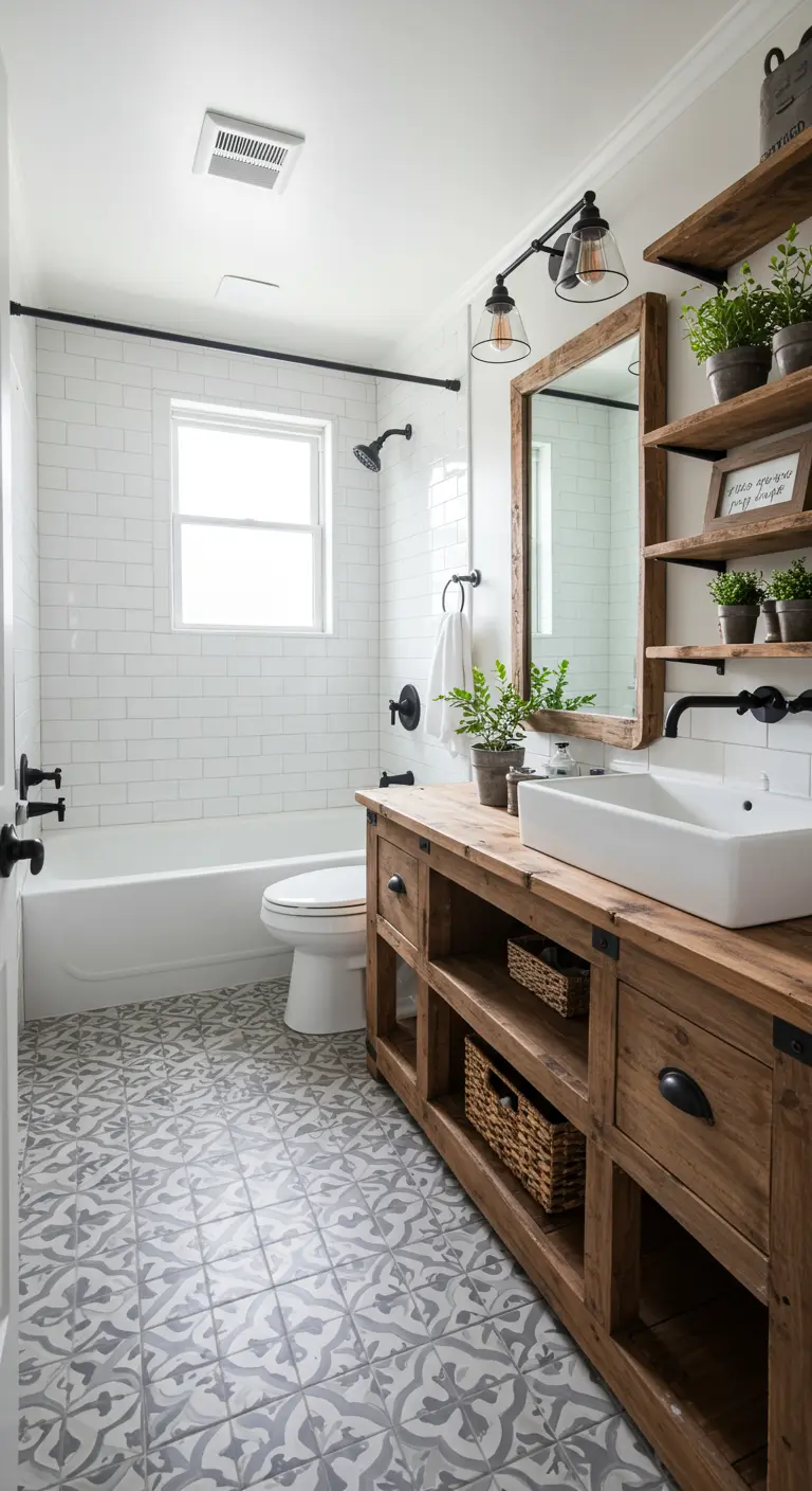 Farmhouse badkamer met houten meubel, patroontegels vloer en witte metrotegels.