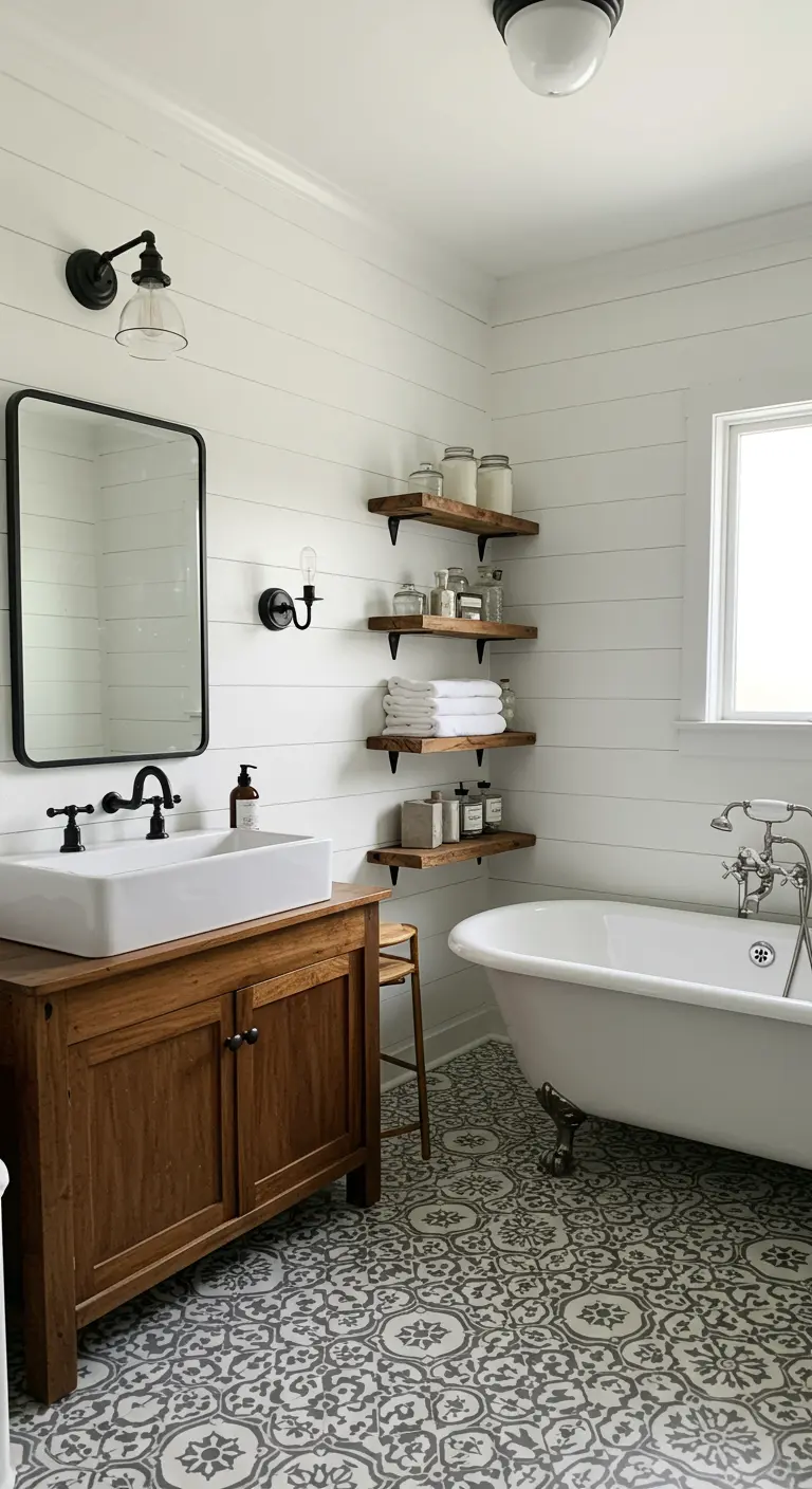 Farmhouse badkamer met houten meubel, open planken en patroontegels.