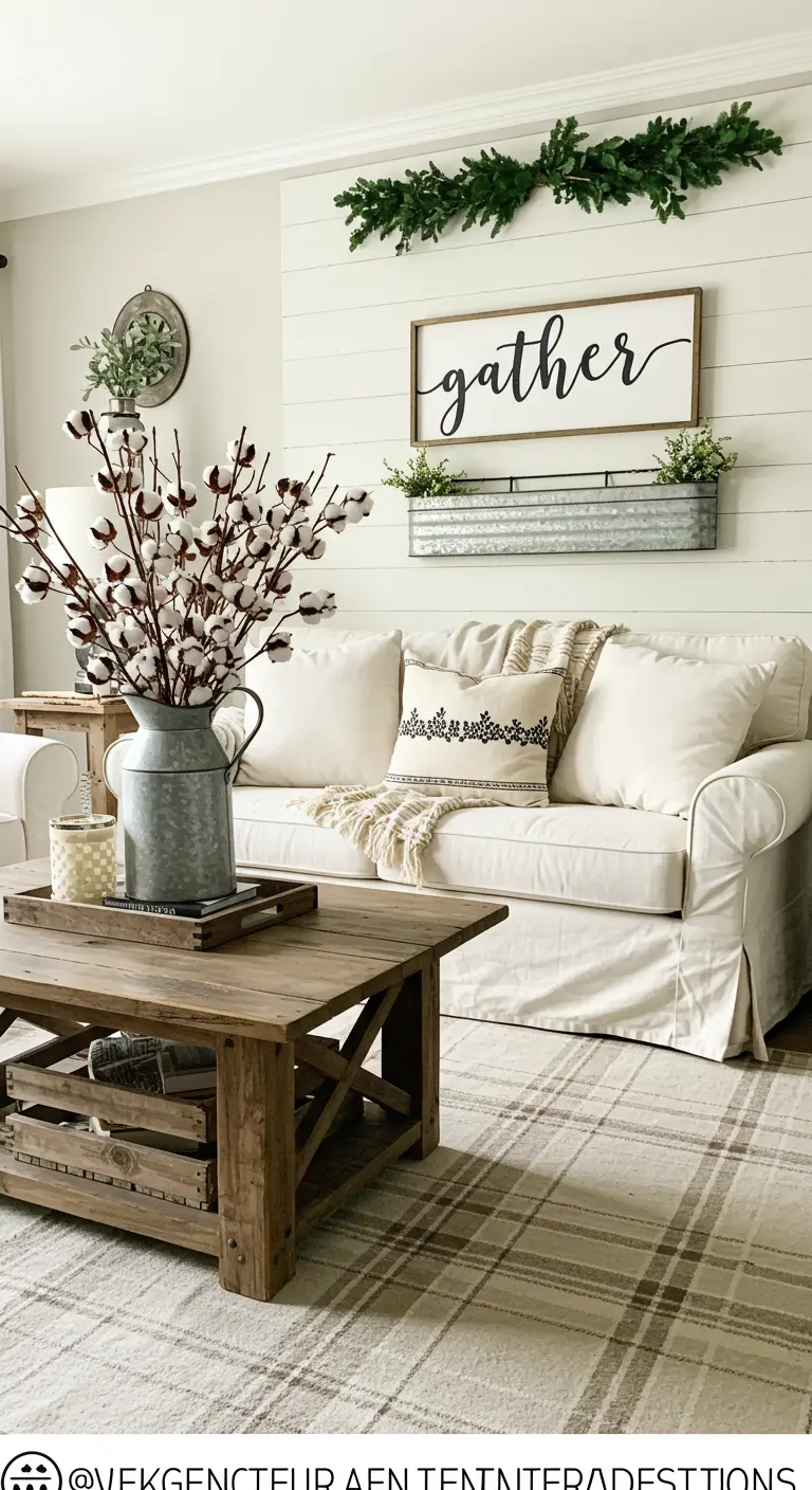 Woonkamer in farmhouse stijl met witte shiplap muur, witte bank en rustieke houten salontafel.