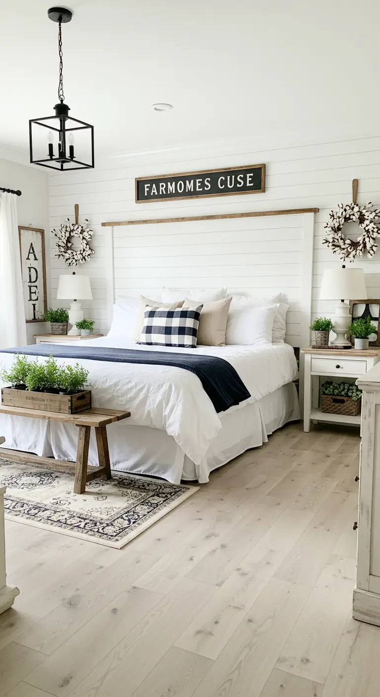 Farmhouse slaapkamer met wit shiplap hoofdbord, ruitjes kussens en kransen.