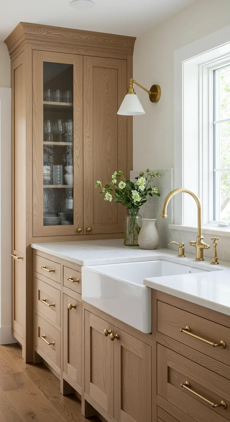 Lichteiken keuken in farmhouse stijl met witte boerenspoelbak, messing kraan, grepen en wandlamp.