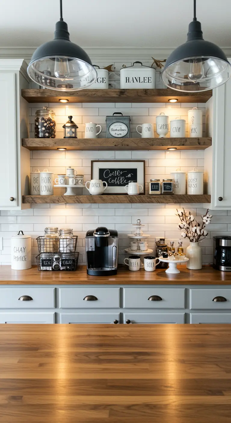 Farmhouse koffiecorner met houten planken, witte voorraadpotten en sfeerverlichting.