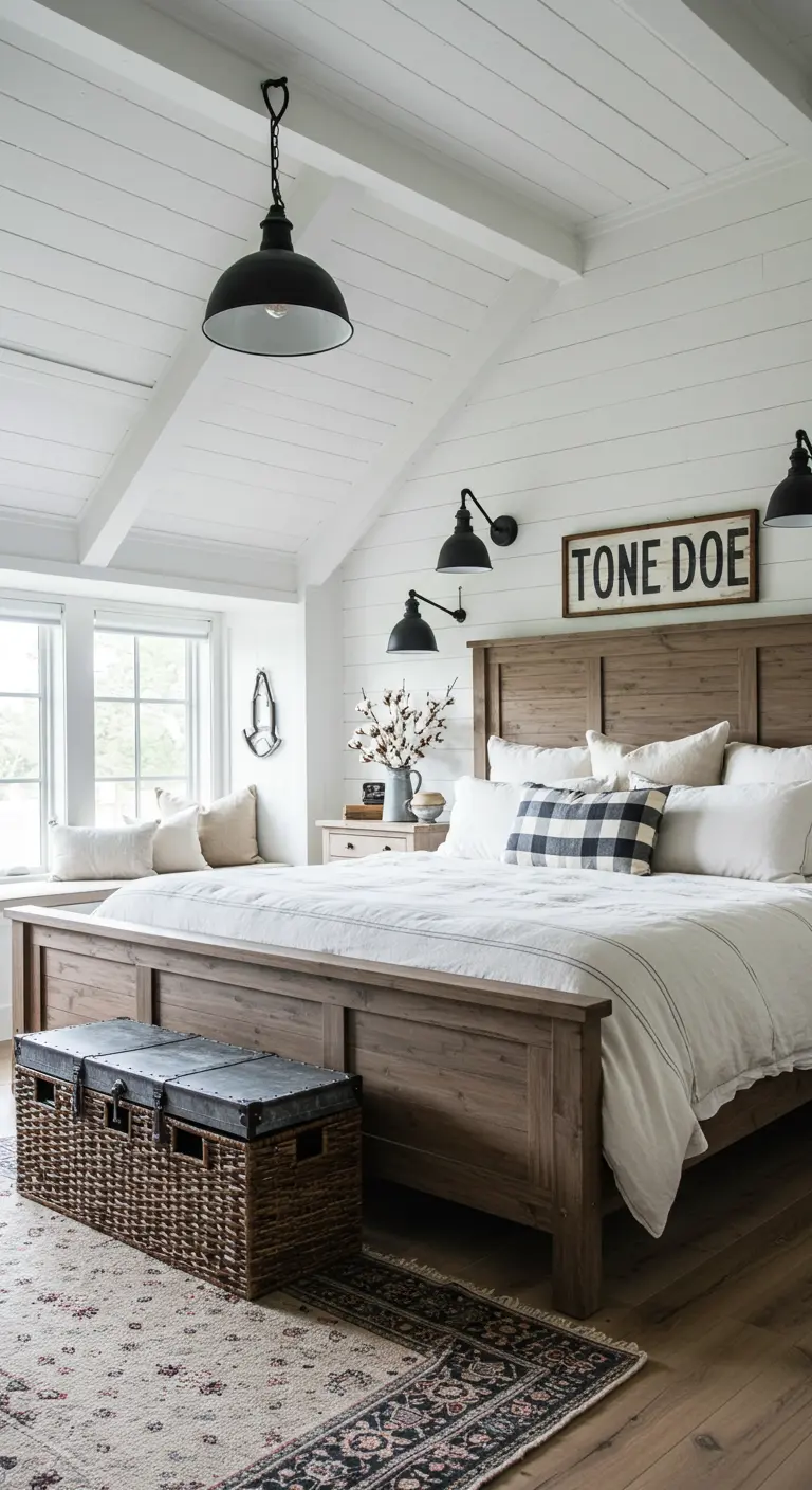 Farmhouse slaapkamer met groot houten bed, witte muren, en veel natuurlijk licht.