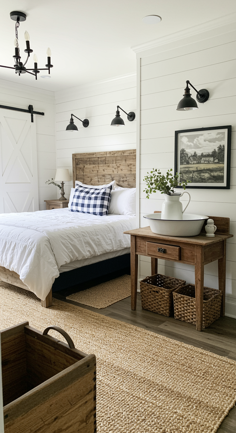 Farmhouse slaapkamer met een oude houten wastafel als nachtkastje.