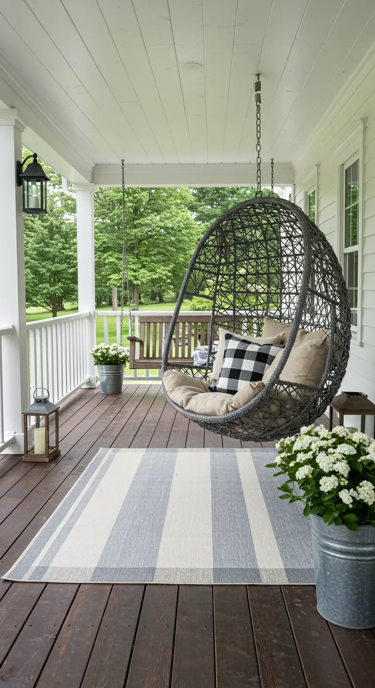 Donkere rotan hangstoel op veranda met gestreept kleed, geblokte kussens en witte bloemen in emmers.