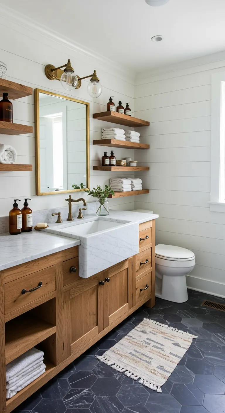 Farmhouse badkamer met houten meubel, marmeren blad, messing kranen en donkere vloer.