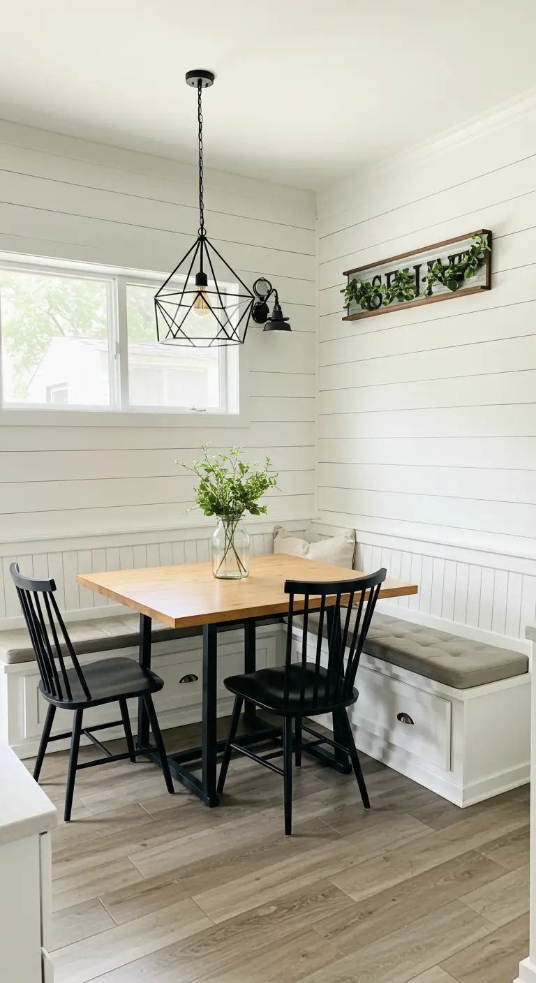 Moderne farmhouse eethoek met witte shiplap muren en ingebouwde bank.
