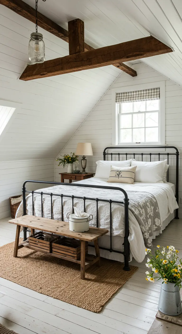 Landelijke zolderslaapkamer met witte houten wanden, donkere balken en metalen spijlenbed.