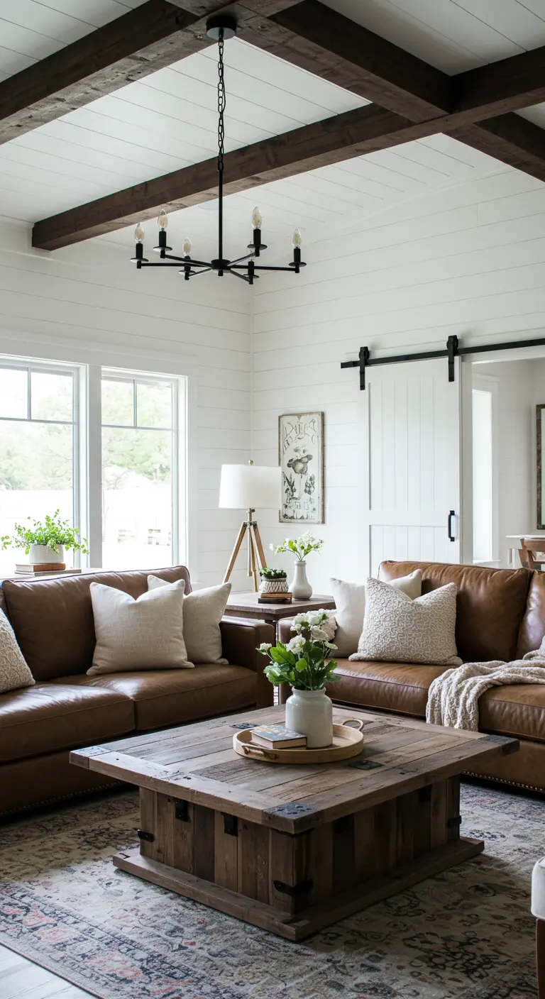 Moderne farmhouse-woonkamer met witte muren, donkere plafondbalken en een comfortabele leren bank.