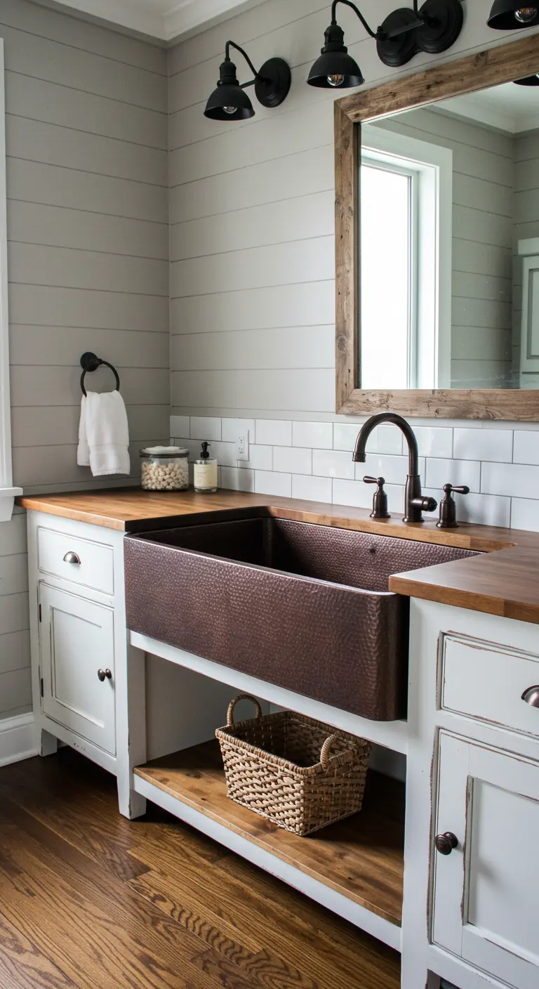 Farmhouse badkamer met grote koperen spoelbak, houten blad en witte kastjes.