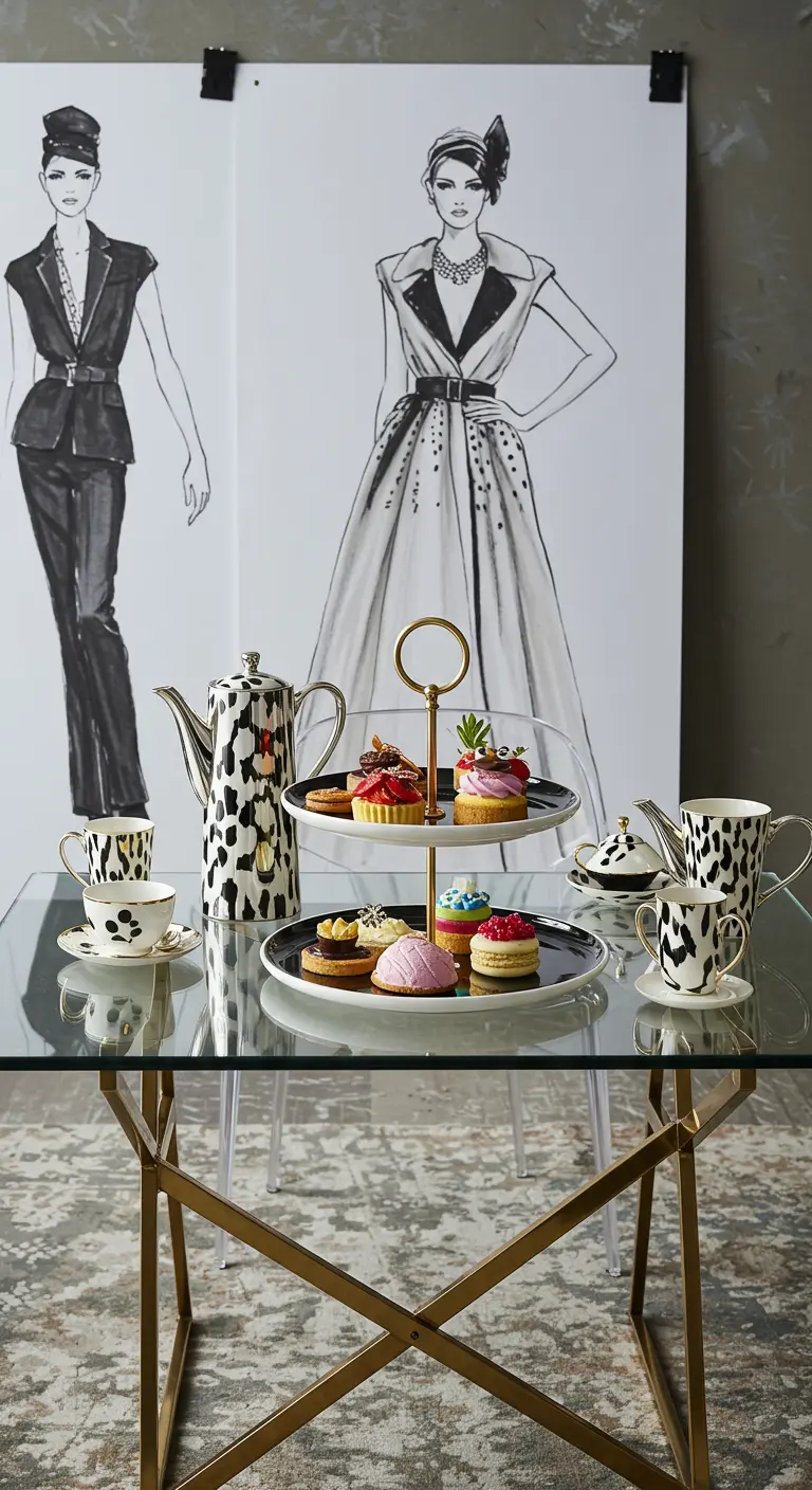 Moderne high tea met glazen tafel, servies met dierenprint en mode-illustratie op achtergrond.