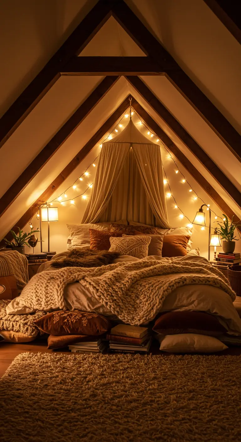 Knusse zolderslaapkamer met bed onder schuin dak, omringd door lichtjes en een stoffen baldakijn.