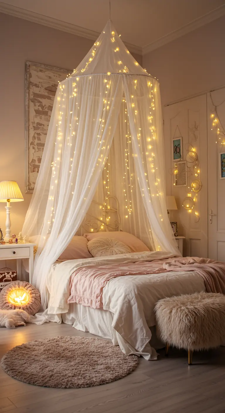 Sprookjesachtige slaapkamer met een bedhemel versierd met lichtjes en zachte stoffen.