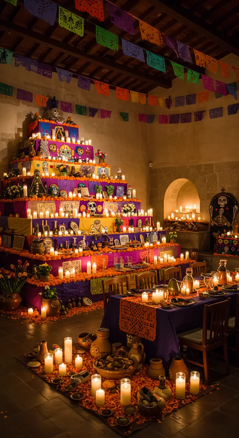 Kleurrijk Day of the Dead altaar met veel kaarsen en eettafel.