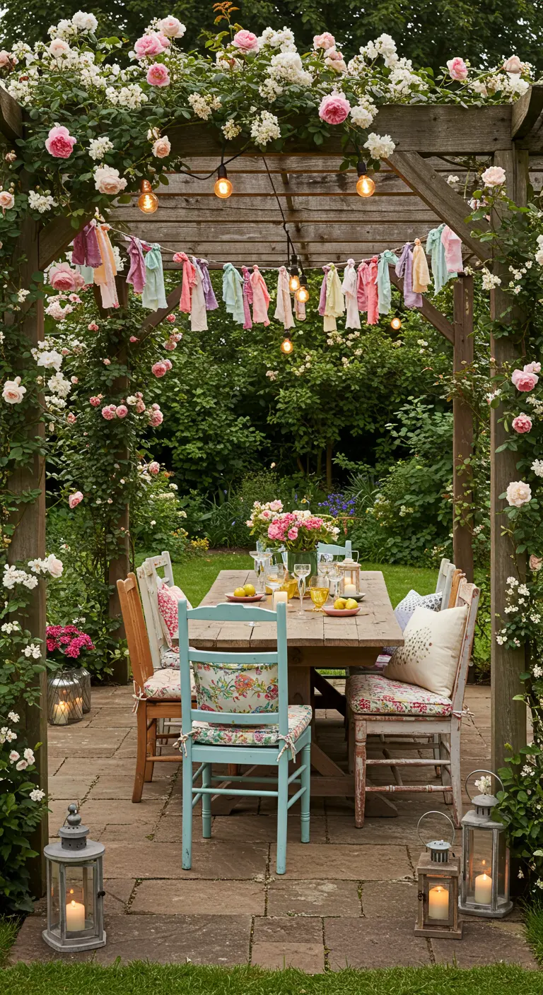 Romantische eettafel onder een met rozen begroeide pergola.