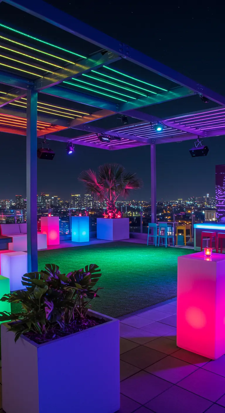 Moderne daktuin met metalen pergola, kunstgras, gekleurde lichtelementen en stadszicht in de avond.
