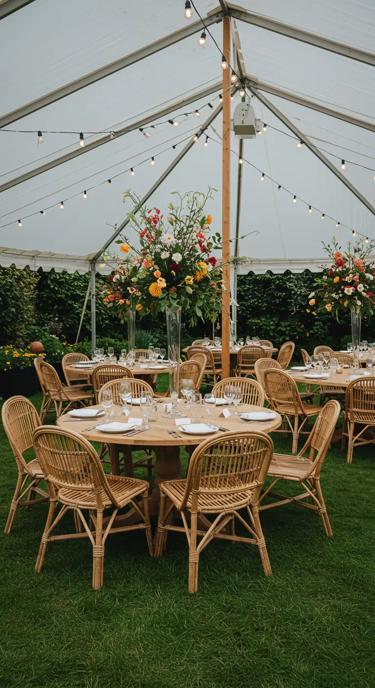 Feestelijk gedekte ronde tafels met natuurlijke rotan stoelen onder een tent met lichtslingers.