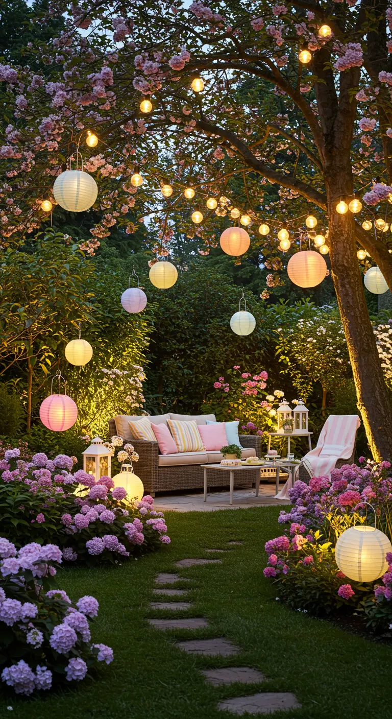 Verlichte tuin met pastelkleurige lampionnen, lichtslingers, loungeset en bloemen.