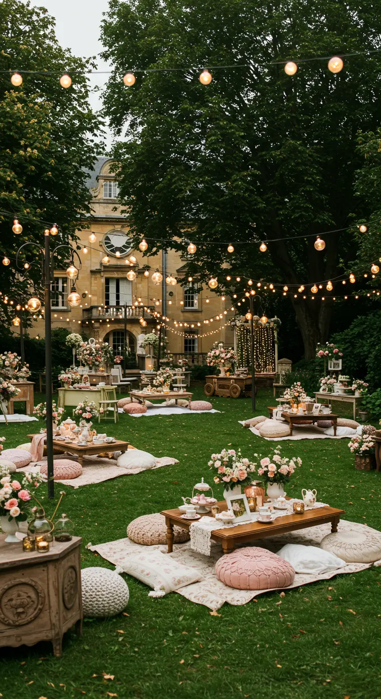 Grote buitenfeestsetting met veel lage tafels, kussens, bloemen en lichtslingers in een tuin.