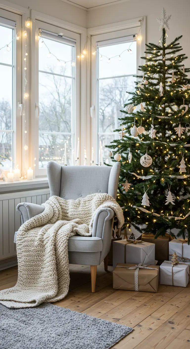 Gezellige kersthoek met versierde kerstboom, grijze fauteuil met plaid en cadeauverpakkingen.