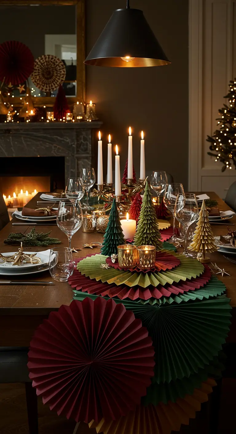 Kersttafel gedecoreerd met rode en groene papieren waaiers als placemats.