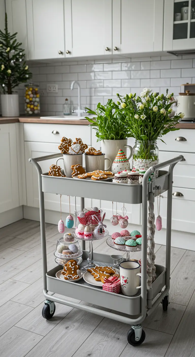 Grijze metalen keukentrolley versierd met feestelijke koekjes, snoepgoed en seizoensdecoraties.