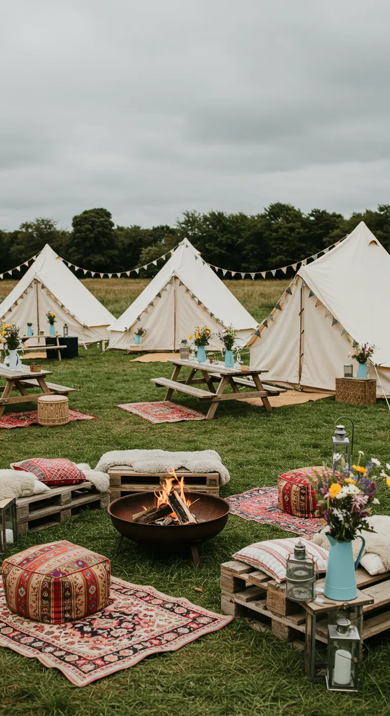 Festival bruiloft met bell tenten, vuurkorf, palletmeubilair en kleurrijke tapijten.
