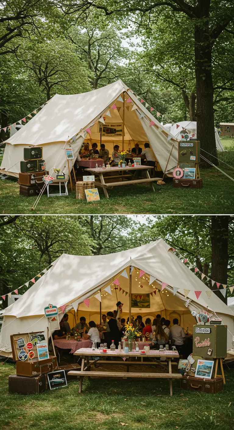 Binnenkant van een festivaltent met vintage decoraties zoals koffers, bordjes en vlaggetjes.