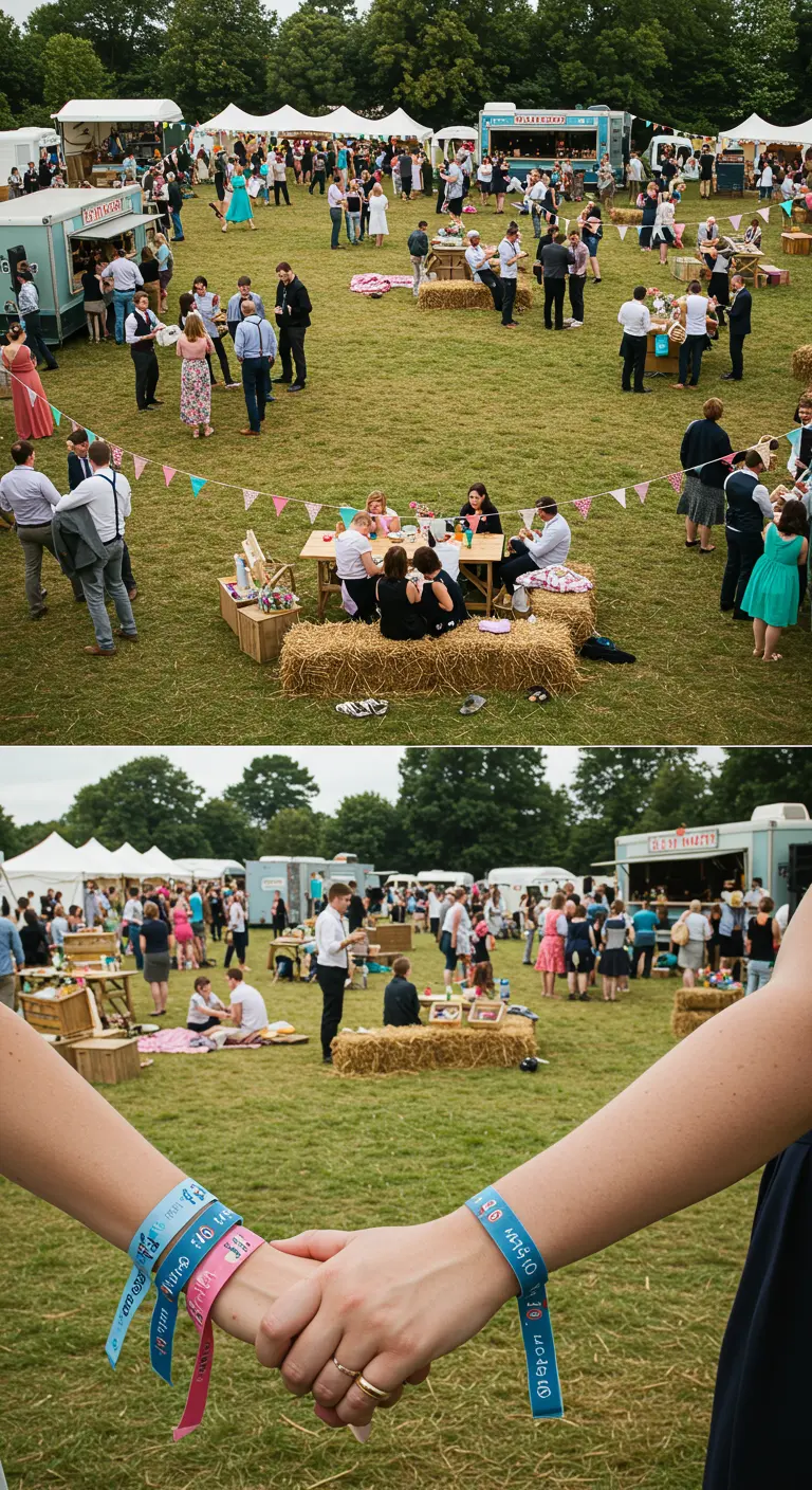 Gasten op een festivalbruiloft met gepersonaliseerde polsbandjes.