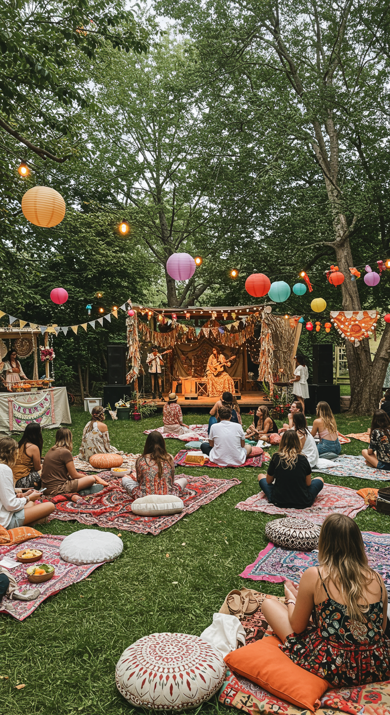 Boho festival sfeer in tuin met podium, kleden op gras en lampionnen.