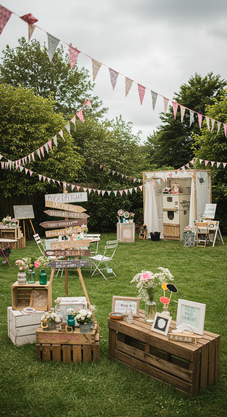 DIY festivaldecoratie in tuin met wegwijzers, kratjes en vlaggetjes.