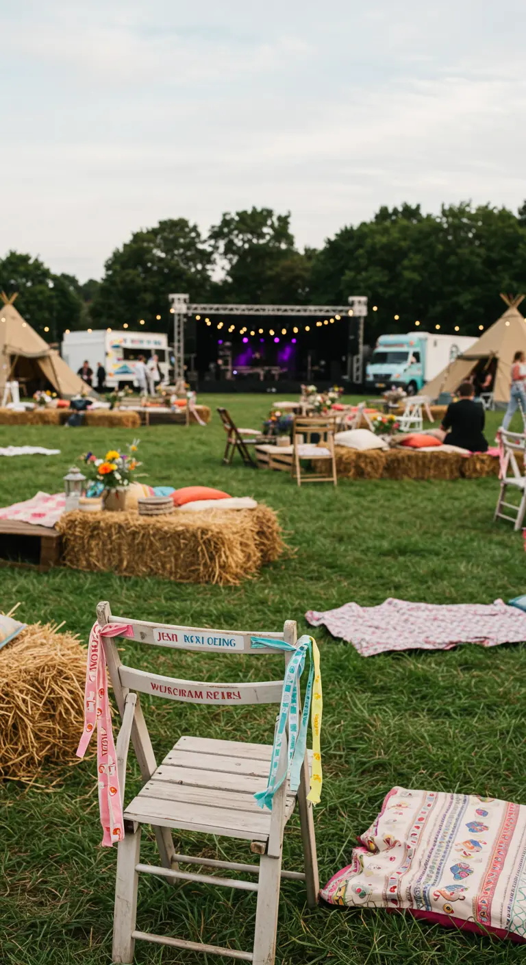 Houten klapstoel op een festivalterrein met handbeschreven gekleurde linten.