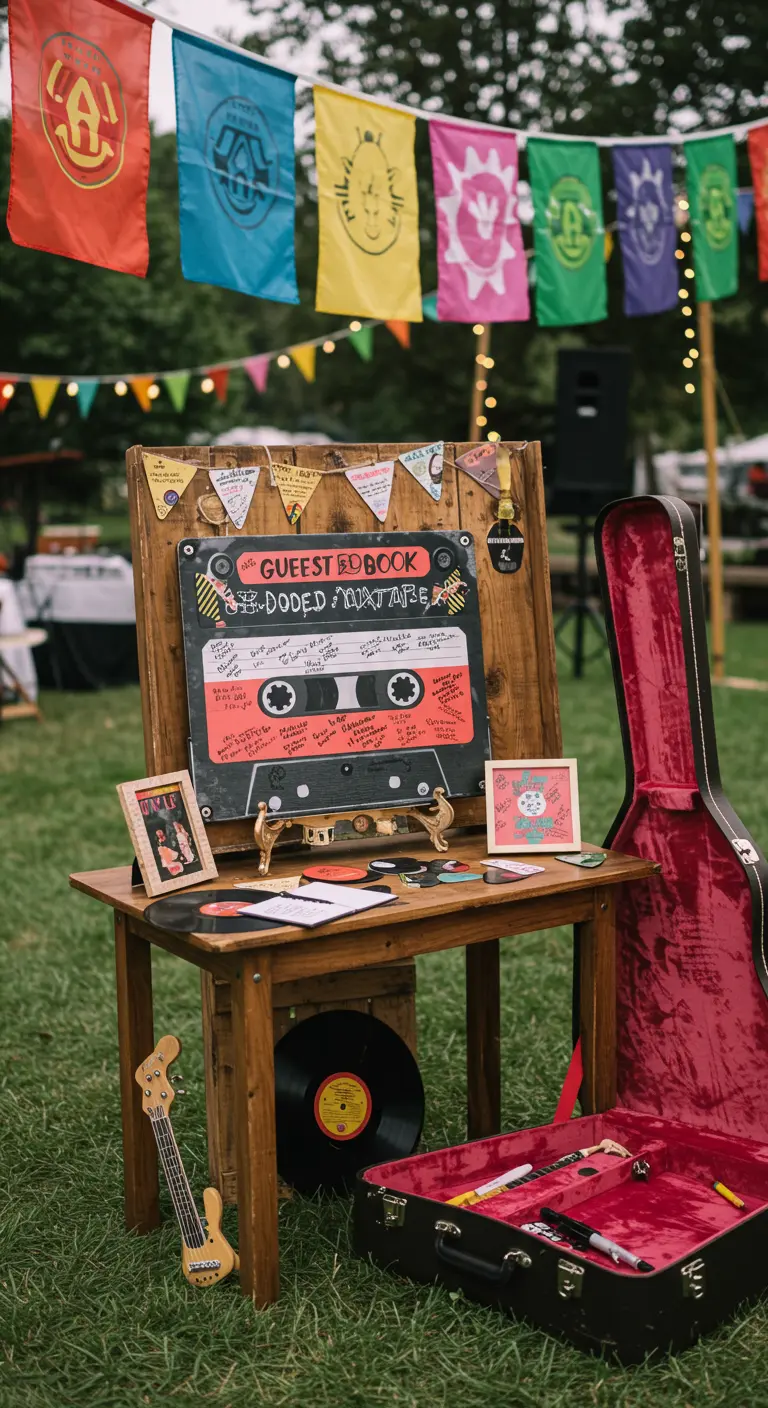 Festival-stijl gastenboekhoek met grote cassetteband, vinylplaten en gitaarkoffer.