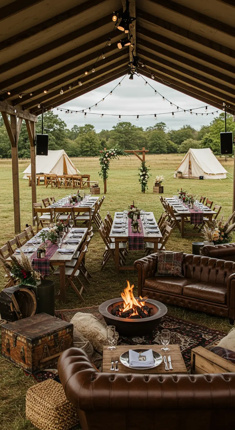 Trouwfeest in een open veld met kampvuur, leren banken en houten tafels met geruite lopers.