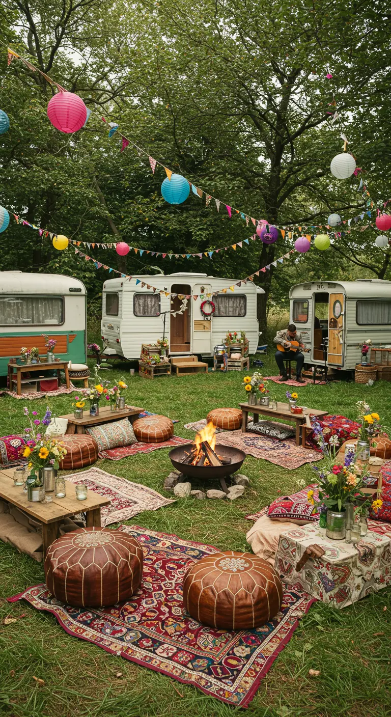Relaxte festivalbruiloft met caravans, kampvuur, tapijten en kleurrijke lampionnen.