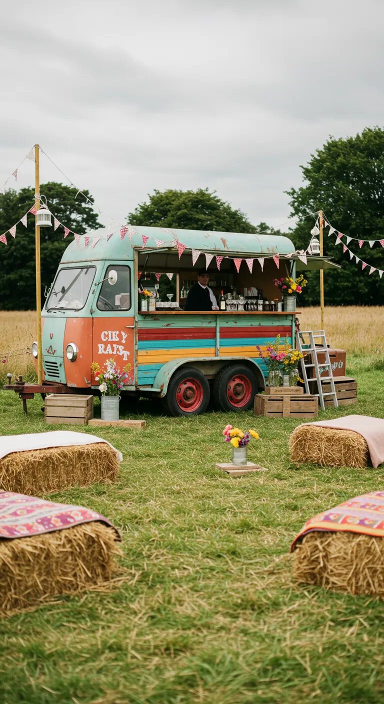 Vintage foodtruck in een veld met hooibalen als zitjes, versierd met vlaggetjes.
