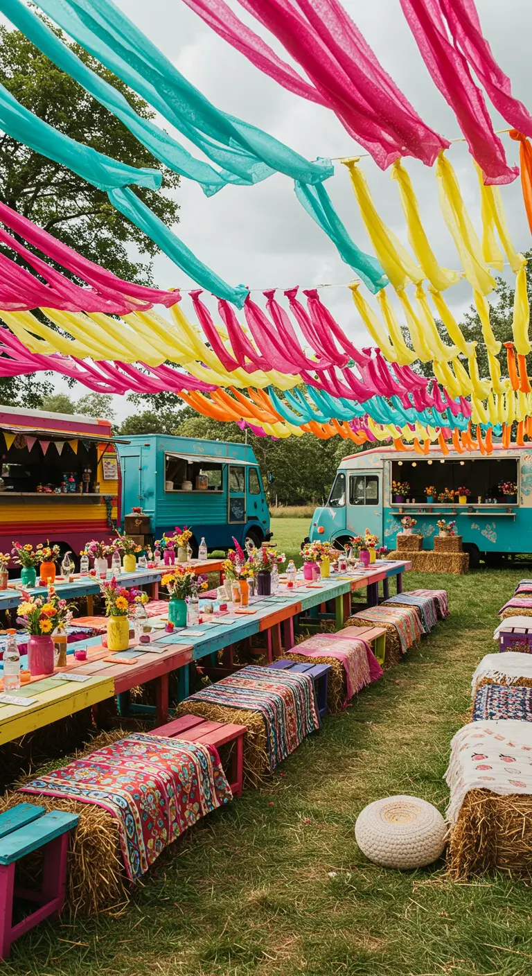 Buitenbruiloft met foodtrucks, gekleurde linten, hooibalen en picknicktafels.