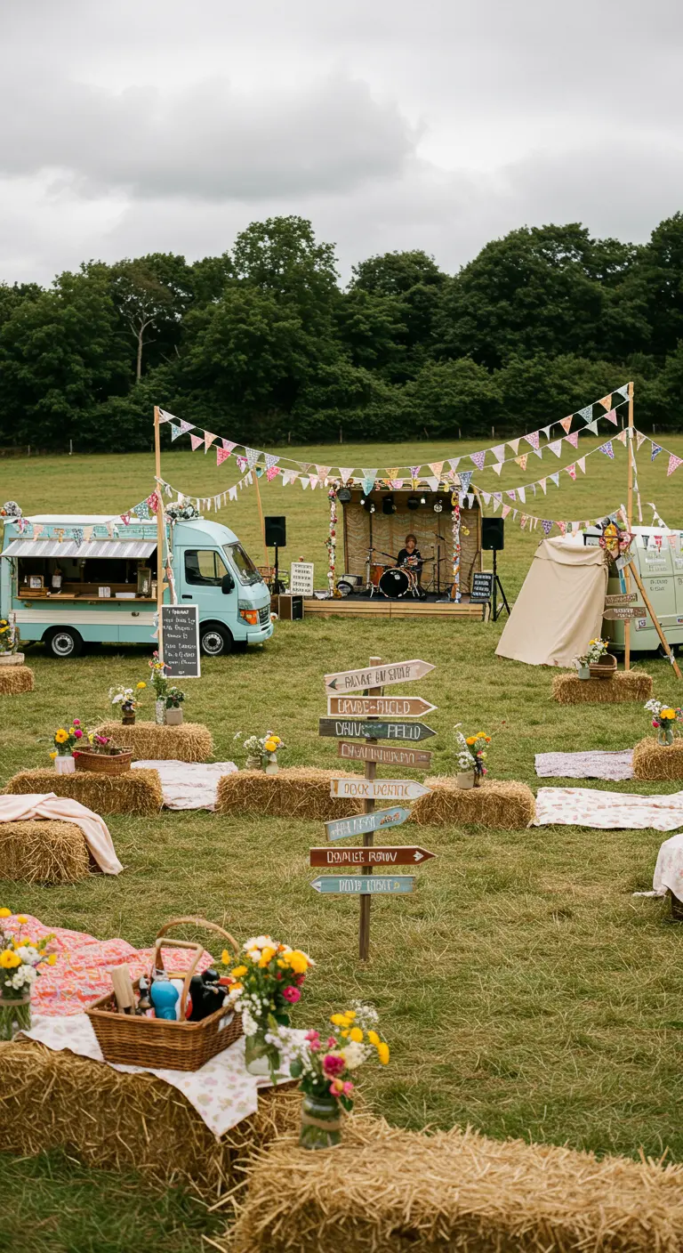 Festival bruiloft met foodtrucks, hooibalen, een podium en kleurrijke wegwijzers.