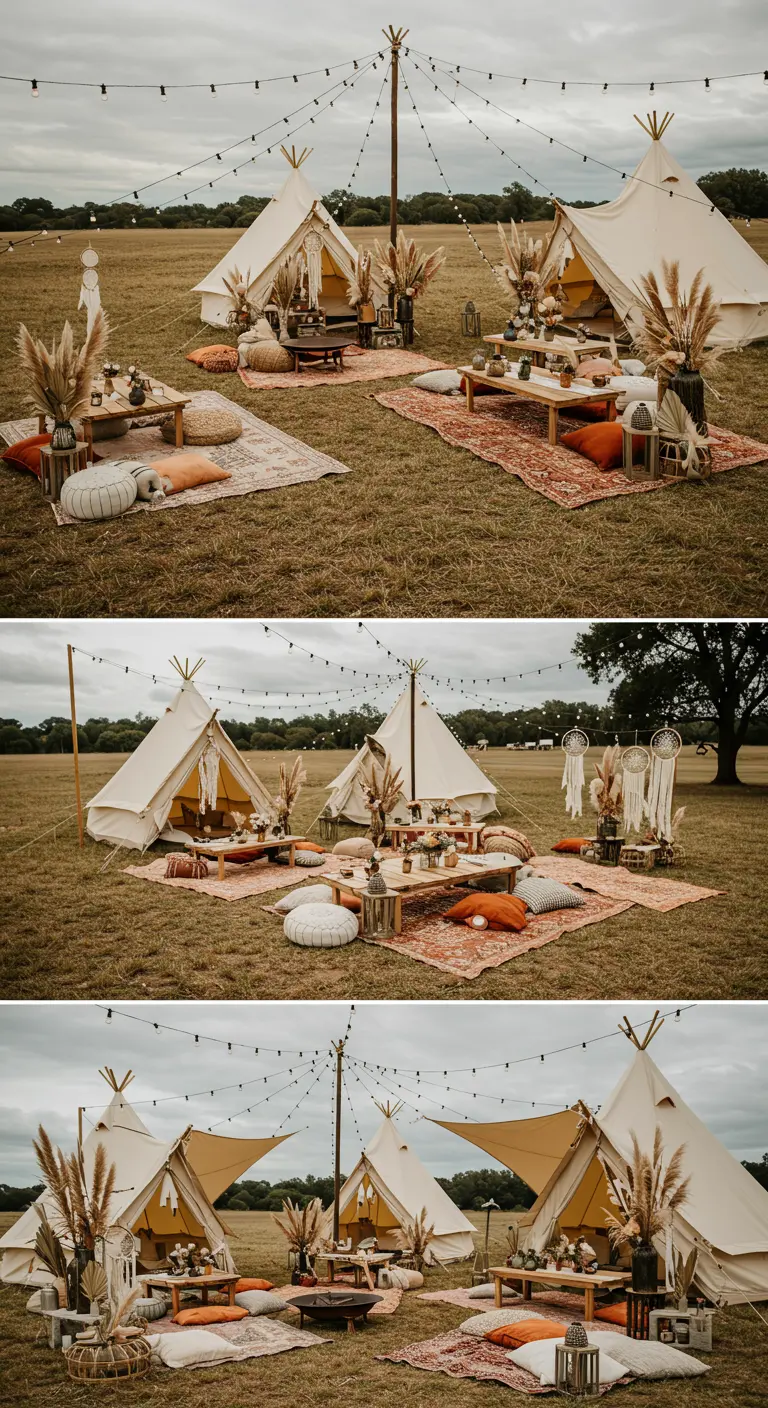 Tipi-tenten en lage zithoeken met pampasgras en vloerkleden voor een festivalbruiloft.