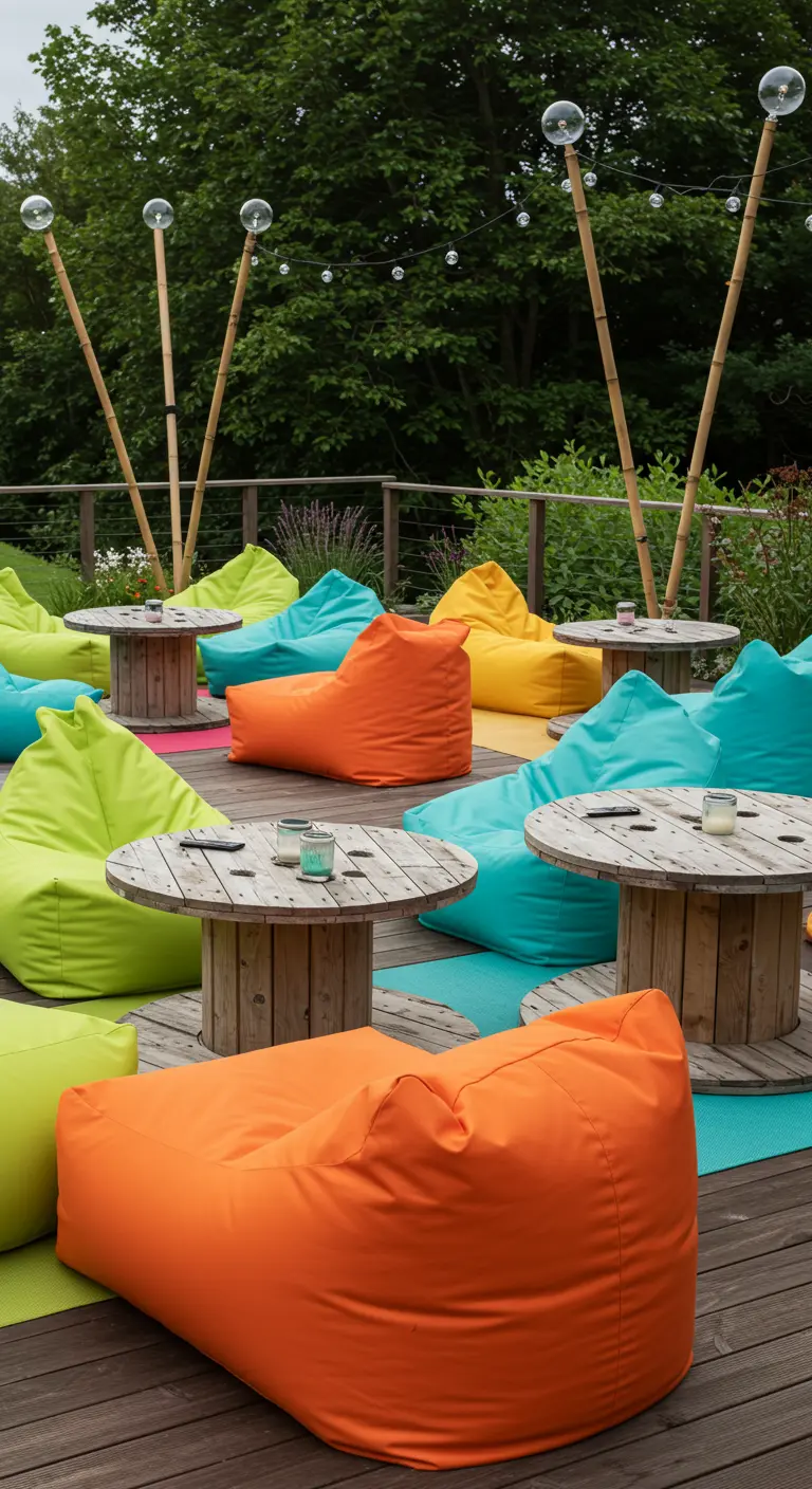 Terras met felgekleurde zitzakken en tafels gemaakt van houten kabelhaspels.