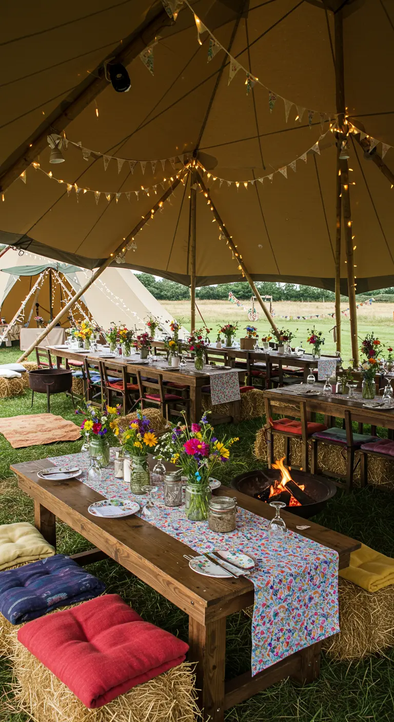 Festivalachtige setting in tipi-tent met houten tafels, strobalen en kleurrijke decoraties.