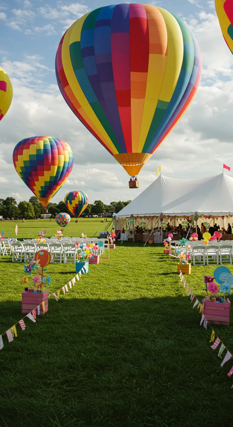 Buitenbruiloft met festivalthema, kleurrijke decoraties en luchtballonnen.