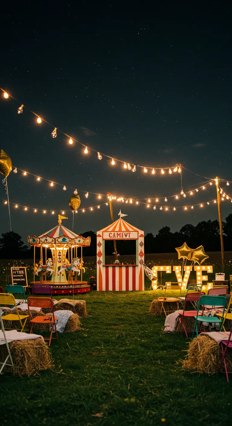 Festivalbruiloft 's nachts met lichtslingers, hooibalen en mini-draaimolen.