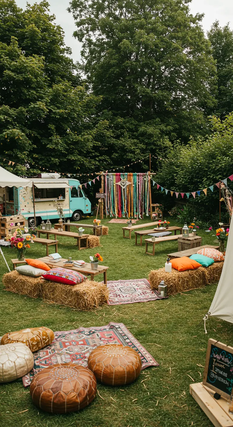 Festival-stijl bruiloft setting met strobalen, foodtruck en kleurrijke linten.