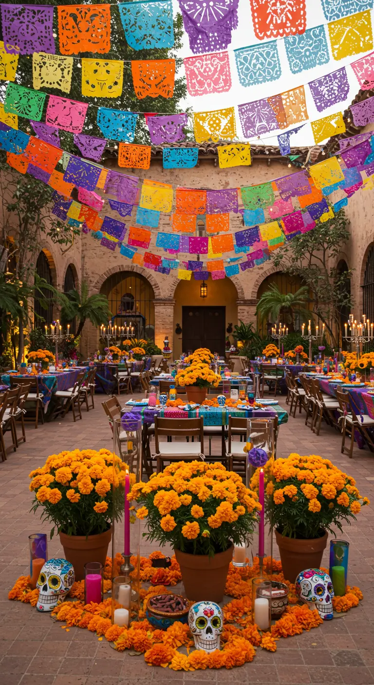 Mexicaans feest met kleurrijke papel picado, goudsbloemen en versierde schedels.