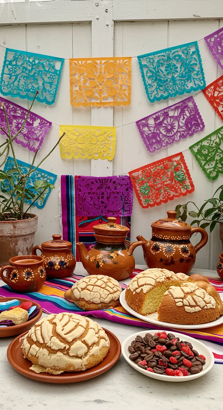 Mexicaans thema koffietafel met papel picado, conchas en kleurrijk aardewerk.