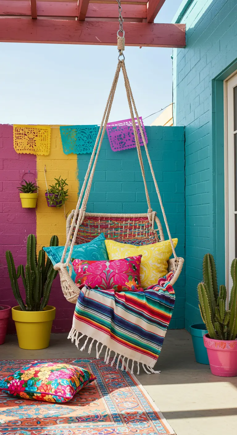Witte hangstoel met felgekleurde kussens en een gestreepte Mexicaanse deken tegen een kleurrijke muur.